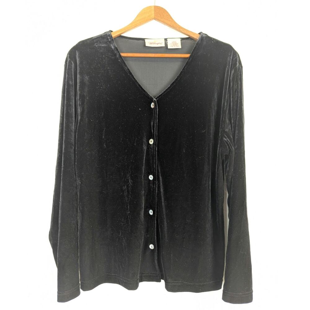 Vtg Velvet Cardigan Black Minimalist Preppy Classic Abalone Buttons Womens Large